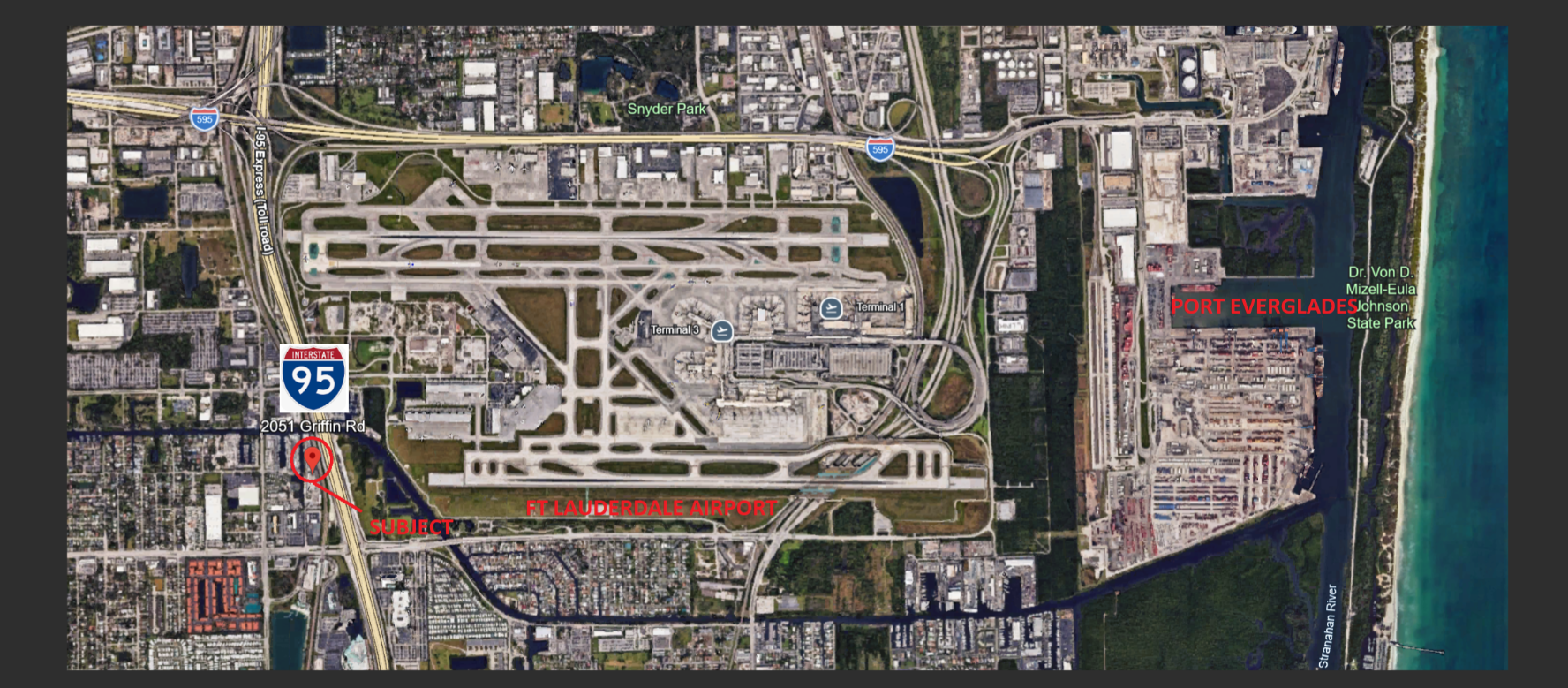 Aerial of 2051 Griffin Road — subject property between I-95, FLL Airport and Port Everglades